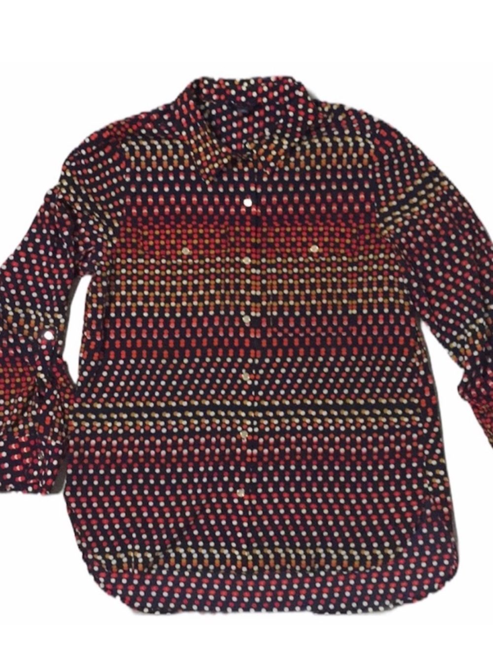 Tommy Hilfiger Women’s Navy Polka Dot Blouse L Gold Buttons Roll Tab Sleeve NWOT
